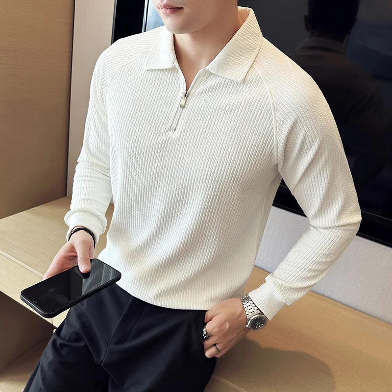 2023 Autumn High Elastic Thickened Seersucker Half Zip Polo Shirt Men Fashion Casual Business Lapel Long Sleeve T-shirts M-4XL