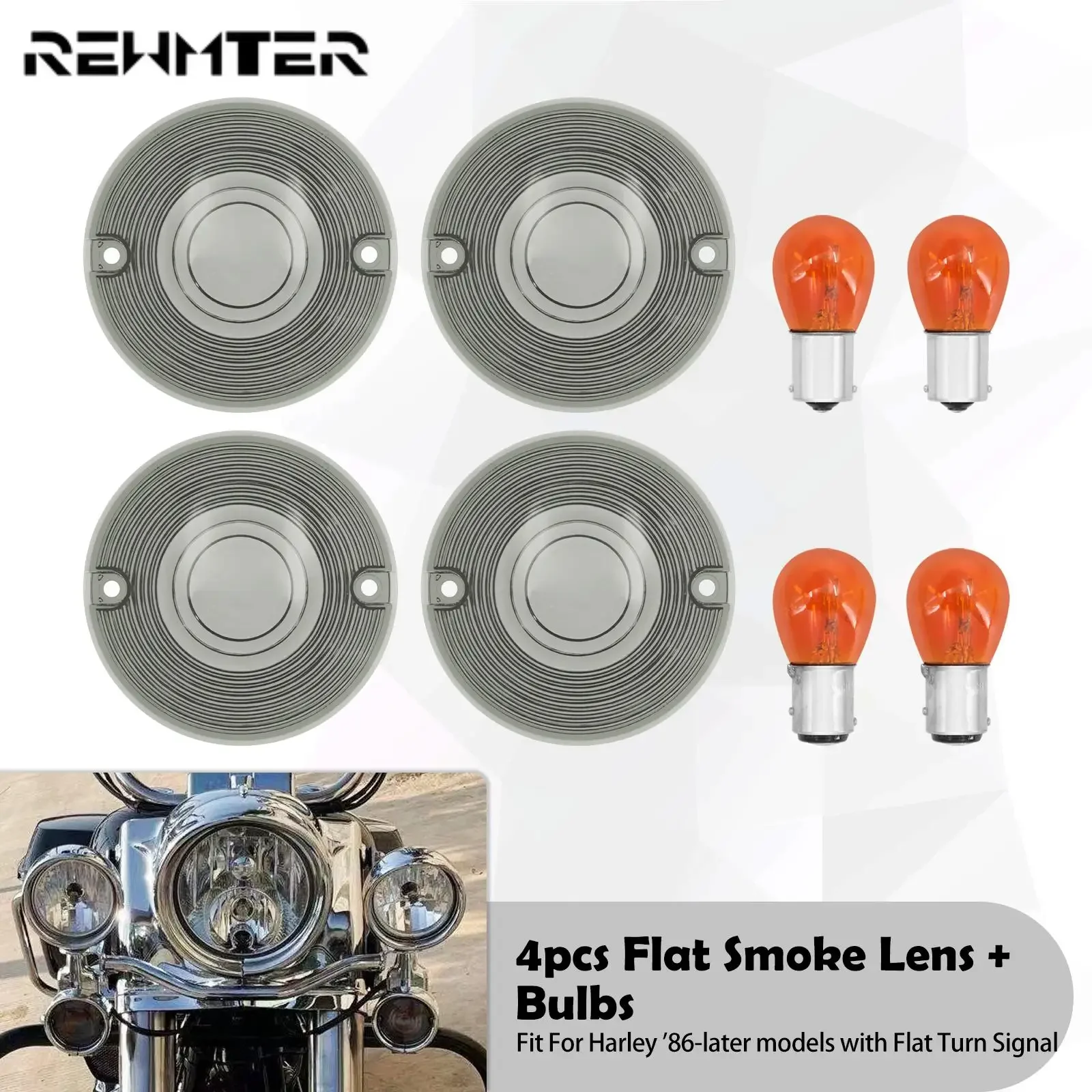 4x Motorcycle Smoke Flat Turn Signal Lens Cover With Amber 1156 1157 Bulbs For Harley Sportster Touring Electra Glide Softail