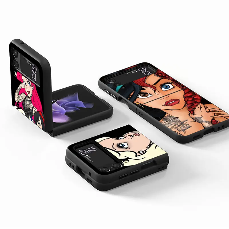 Funda For Samsung Galaxy Z Flip 3 4 5 5G Flip3 Flip4 Flip5 Case Black PC Hard Luxury Back TPU Phone Cover Tattoo Disney Princess