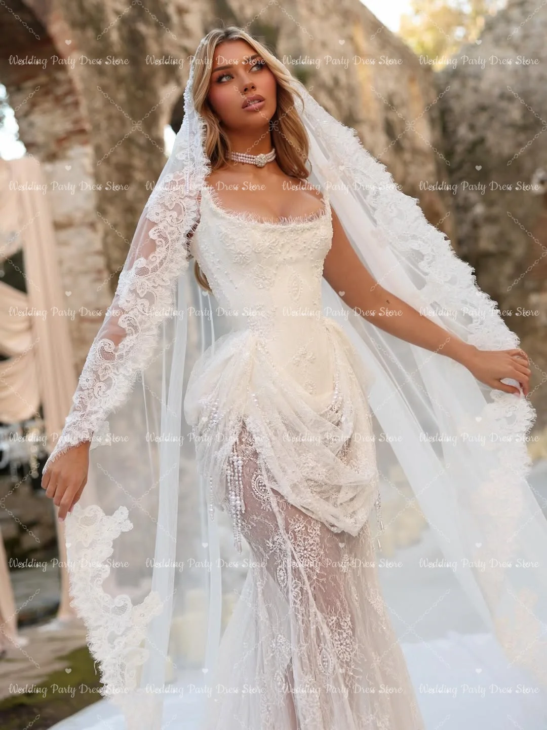 Ranmo 2026 Luxury Lace Wedding Gown Bridal Dress Pearls Tassel Lace Mermaid Bride Photoshoot Dresses Couture Bridal Shower Dress