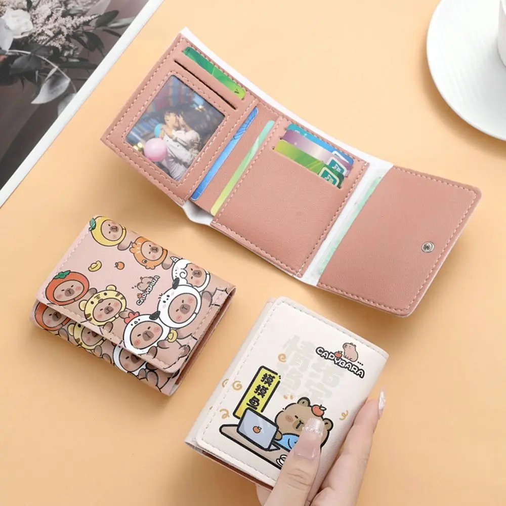 New Foldable Cartoon Capybara Purse PU Leather Lightweight Card Bag Multi-Pocket Storage Cute Wallets Women Girls