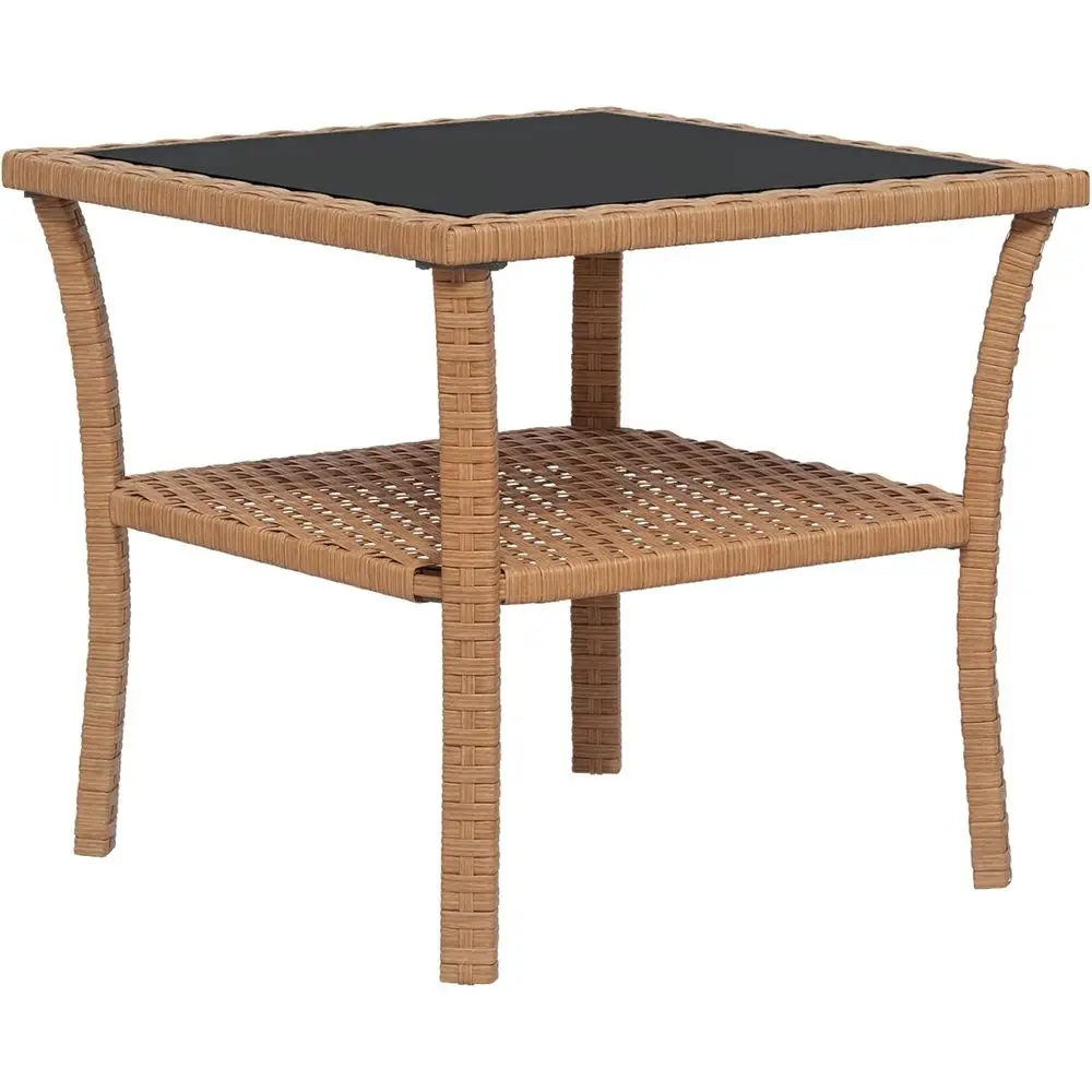 

Уличный приставной столик из ротанга с полкой для хранения и столешницей из закаленного стекла песочного цвета