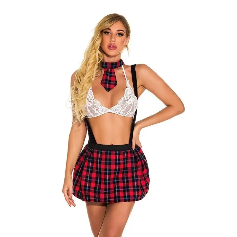 Uniforme escolar de lencería Sexy para mujer, disfraz erótico de colegiala, conjunto de Sujetador de encaje