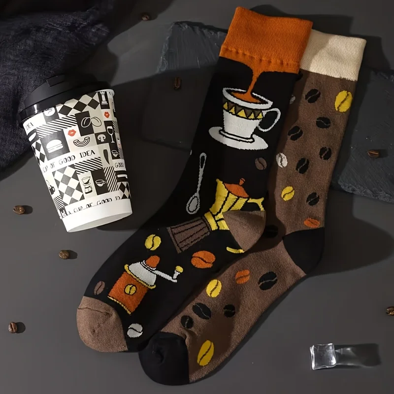 Men Mid-Calf Socks Coffee Theme Style Pattern AB Asymmetrical Creative Individual Spring Autumn Breathable Comfortable Wear