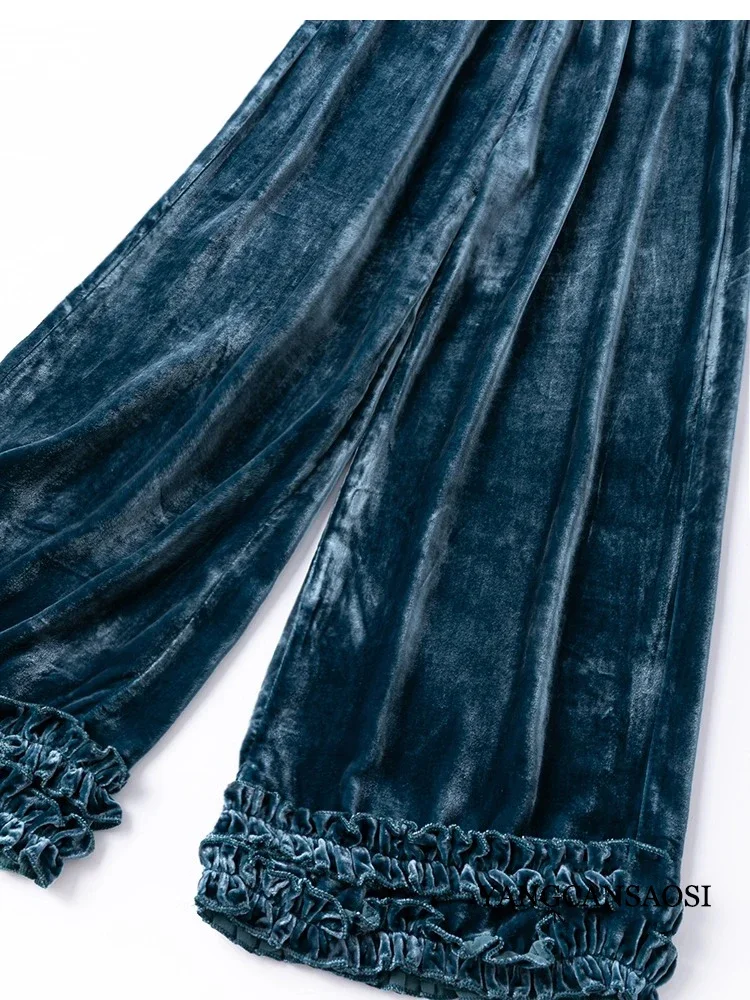 Women's Fashion Autumn New 30% Natural Mulberry Silk Velvet Double-layer Fungus Edge Two Side Pockets Straight Leg Pants