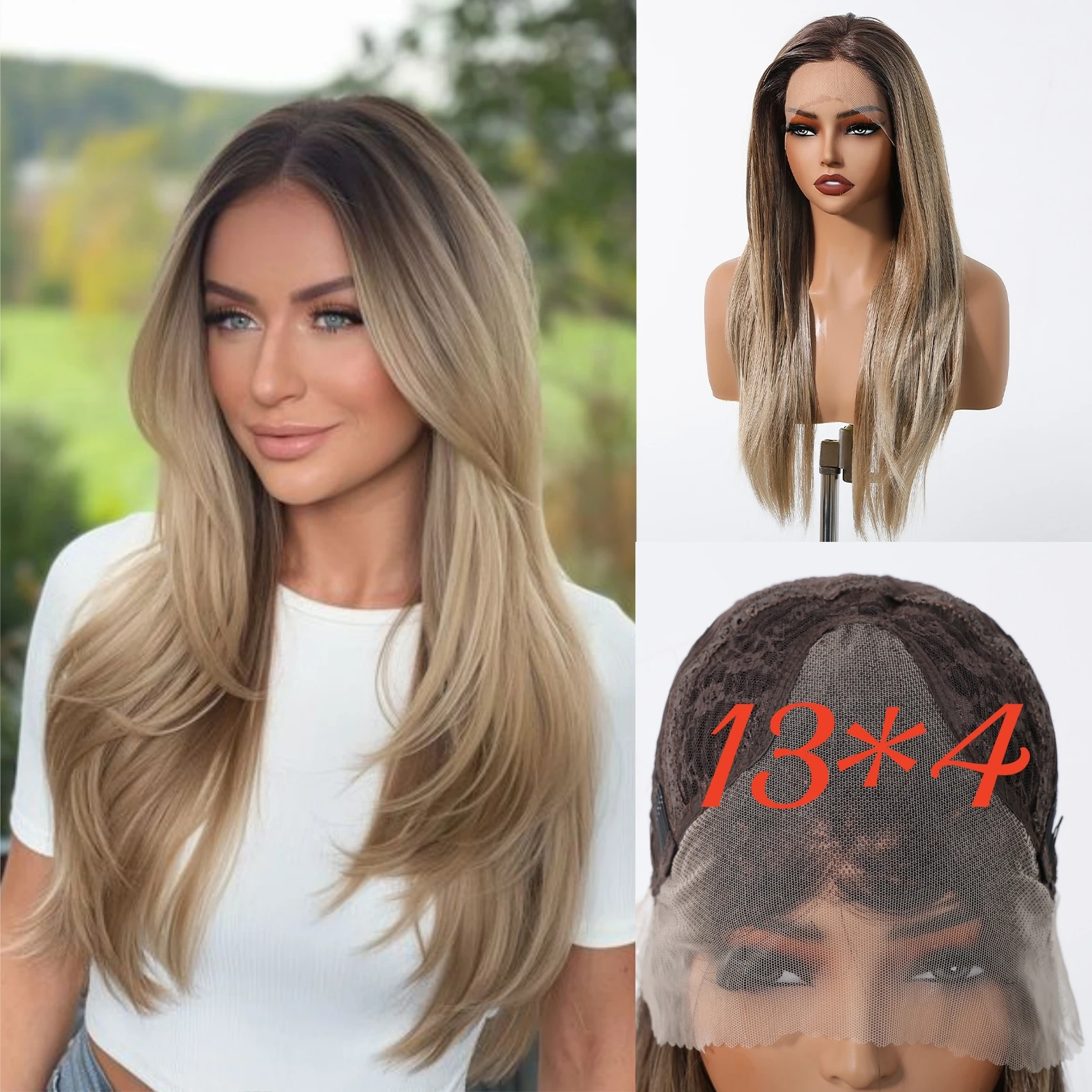 Ombre Ash Blonde Synthetic Lace Front Wig Dark Roots 13x4 lace Wig Synthetic Hair Long Straight Wig For Women Daily Party Use