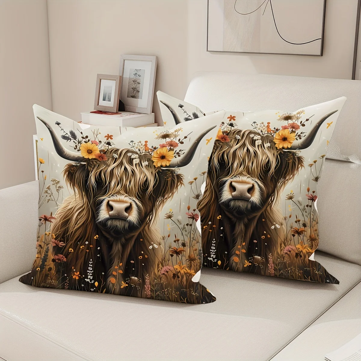 Vibrant Highland Cow Patterned Throw Pillow Covers  Soft 100% Polyester  Zipper ClosureDecor for Living Room 45x45cm