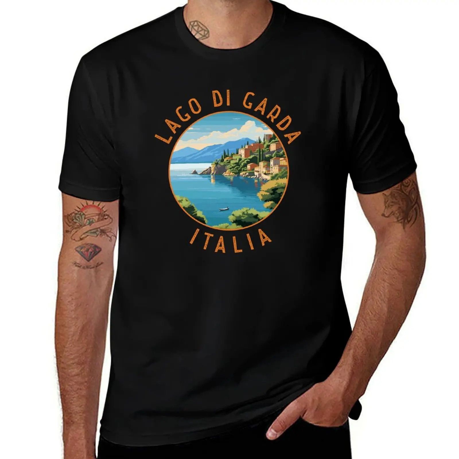 

Lago di Garda Italia Retro Distressed Circle T-Shirt Simple Casual Short Sleeve Tee
