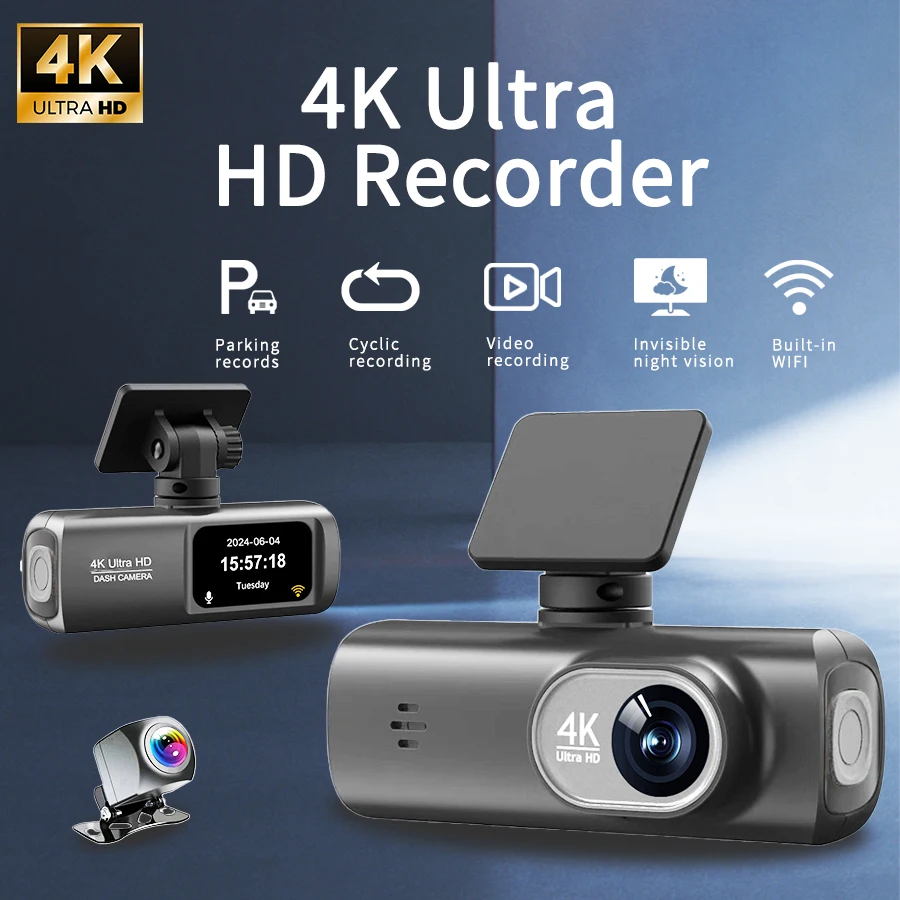 

Видеорегистратор 4K с Wi-Fi, двойная камера (передняя и задняя), ночное видение, мониторинг парковки, циклическая запись, 4K камера для автомобиля