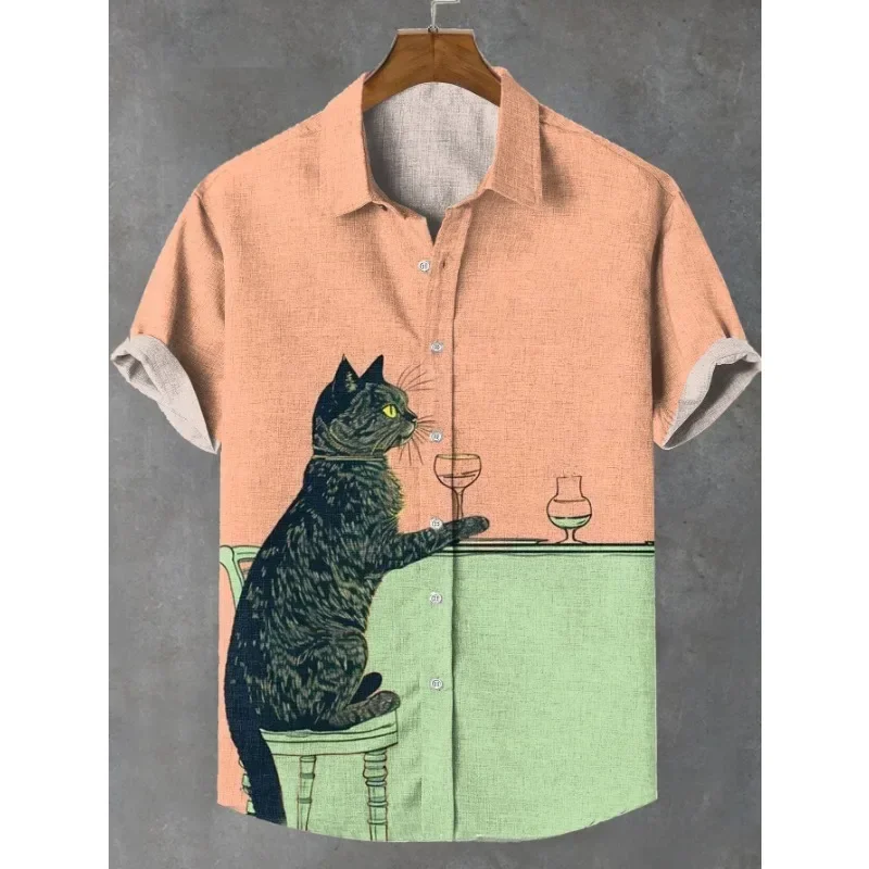 Camisa de mezcla de lino informal con estampado de gato negro café escalofriante para hombre, camisas Harajuku, camisa artística Hipster con botones