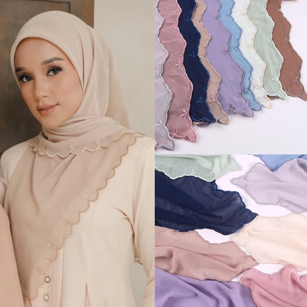 Muslim Women Chiffon Hijab with Embrodiery Shawl HIjabs with Embrodiered Edge Malaysia Sulam Shawls Head Scarf Viral