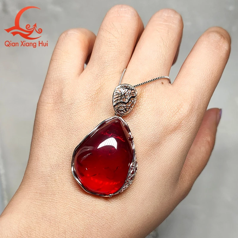 925 Sterling Silver Pear Cabochon Pendant Necklace 24*30.5mm Flat Back Lab Grown Ruby With  Inclusions Smooth Gemstone Jewelry