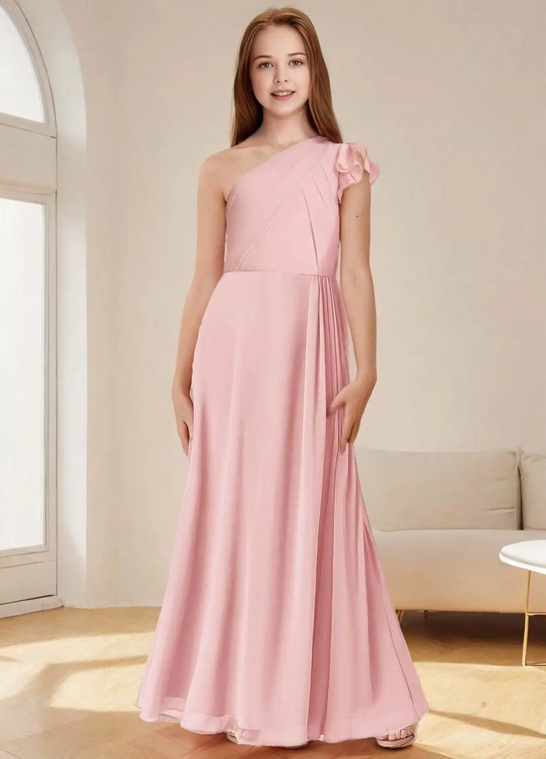 A라인 쉬폰 주니어 브라이드메이드 드레스 웨딩 원숄더 캡 슬리브 플라워 걸 롱 포멀 드레스 소녀 드레스