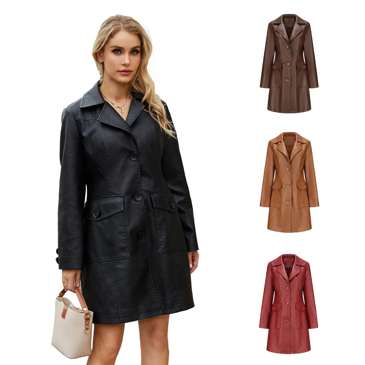 

2026 New European American Jacket Spring And Autumn Long Sleeve Leather Trench Coat Fashion British Style Women's Turn-Down