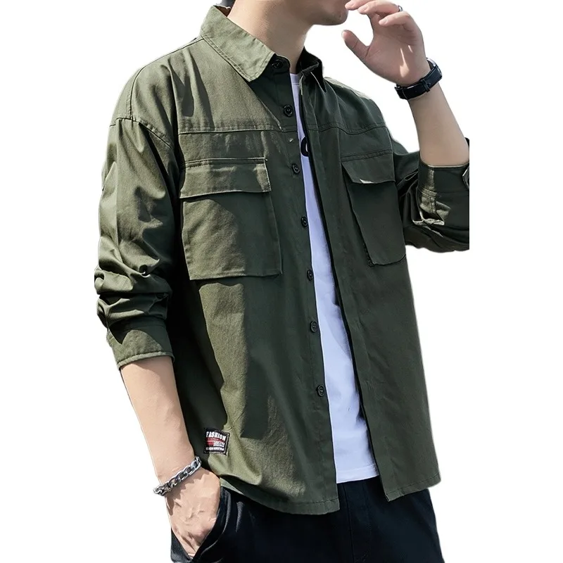 قميص رجالي جديد بجيب مزدوج بأكمام طويلة، ملابس عمل فضفاضة، كاجوال ومتعدد الاستخدامات، سترة برقبة مربعة وسيم وعصري للرجال #6