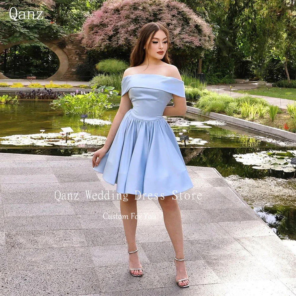 Qanz Baby Blue Satin Homecoming Dresses Off The Shoulder Short A Line Prom Dresses Elegant Vestidos De Graduación Customized