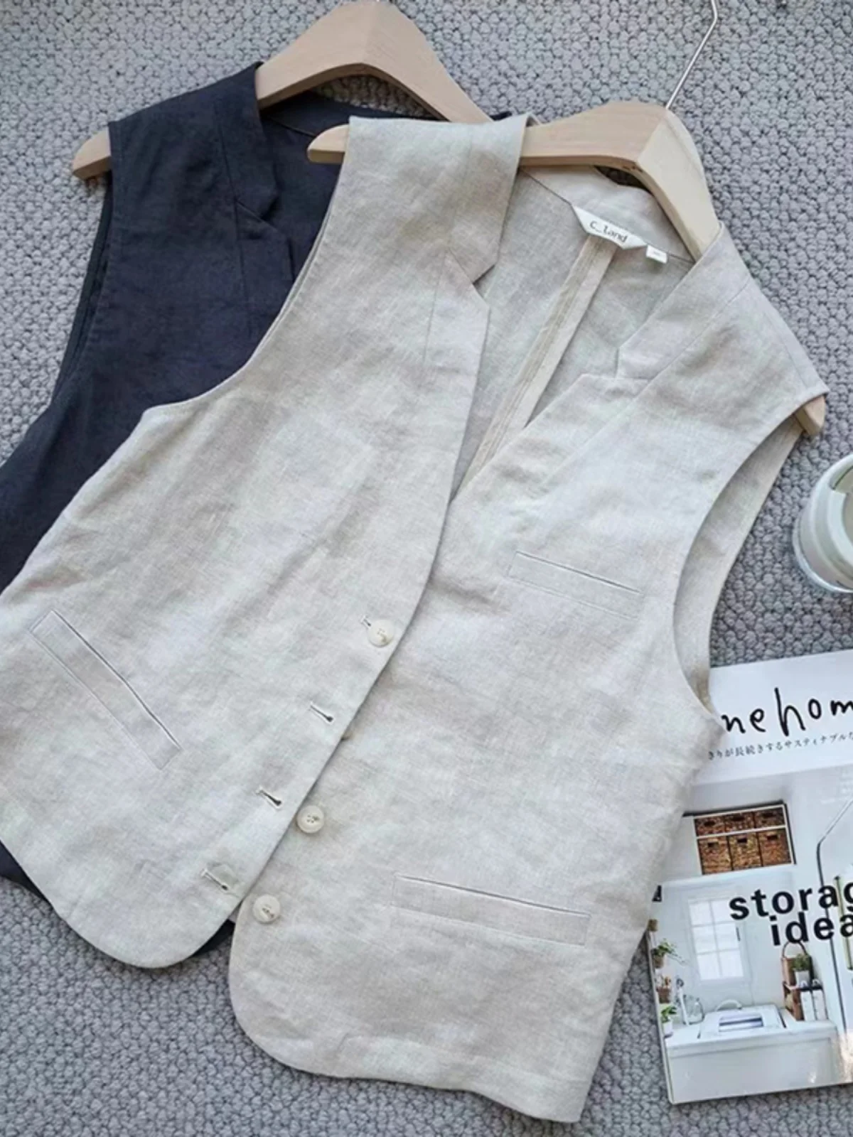 

Ladies Thin Cotton Linen Vest Casual Outerwear Spring Autumn Season Button Design V Neck Pure Color Fashion Commute Style