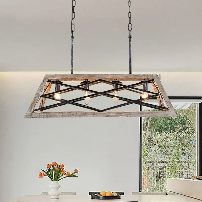 

Wabi Sabi Pendant Light Vintage American Rectangular Dining Cafe Bar Hanging Lamp Wooden Art