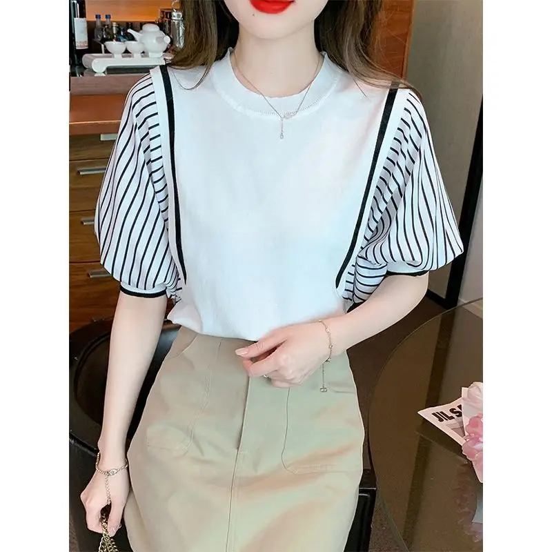 Summer Casual Fashion Fake Two Pieces Striped Patchwork Pullover Tee Women Puff Half T Sleeve Loose All-match Top Female T-shirt