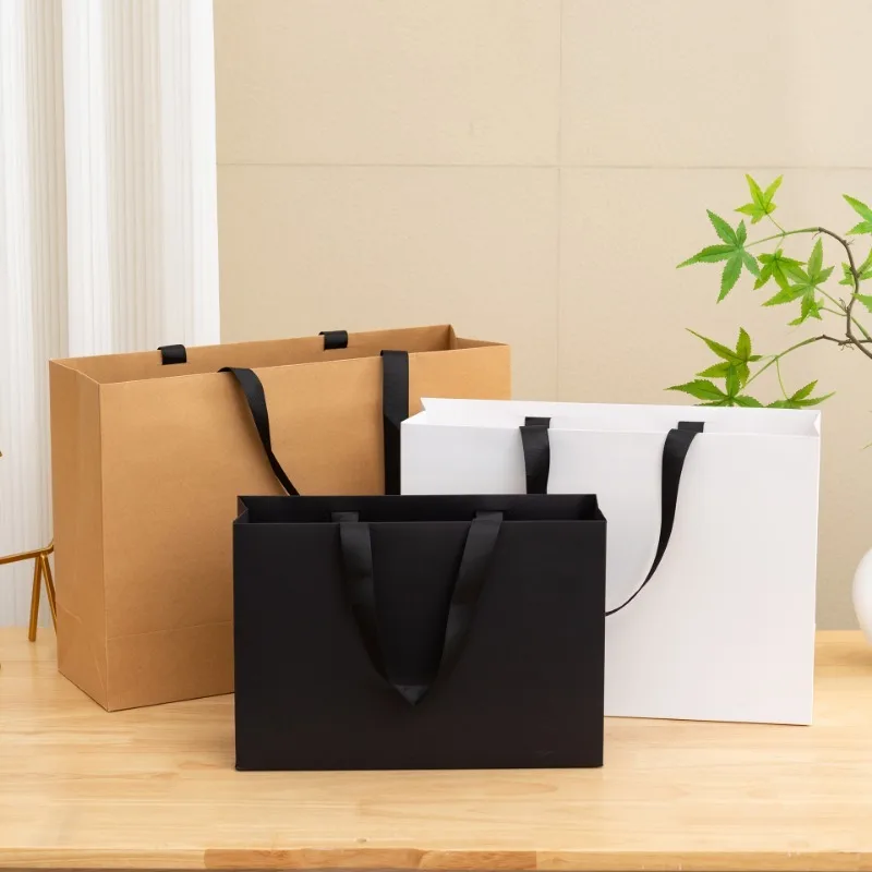 10PCS Paper Gift Bags with Ribbon Handles Kraft Paper Wedding Bags Gift Wrap Bags for Birthday Shopping Clothes