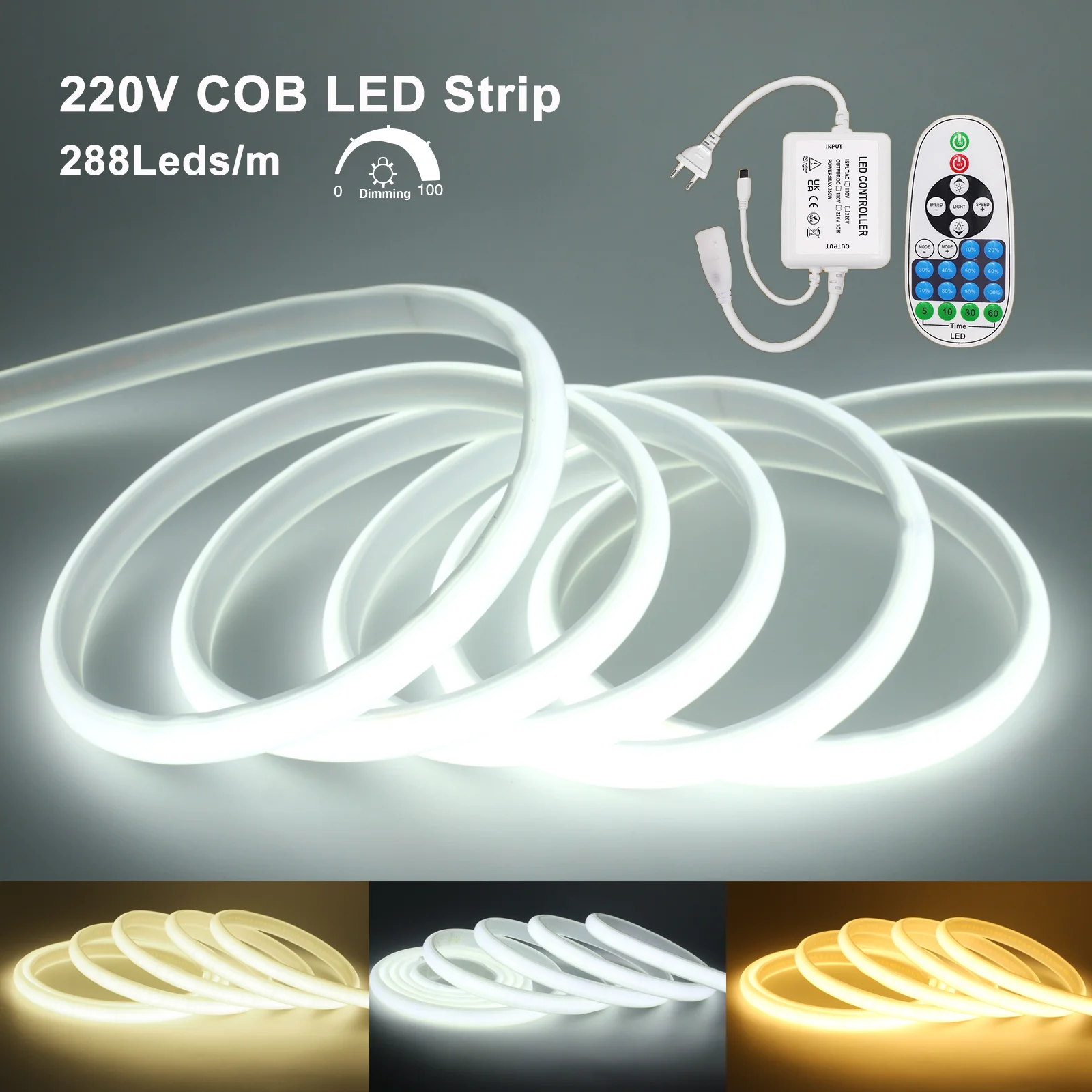 220V COB LED Strip 288Leds/m Waterproof Ribbon Tape Lamp 3000K 4000K 6000K Remote Control FOB LED Lights Kitchen Room Decor