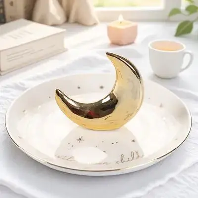 

1pc Moon Shape Jewelry Display Print Retro Storage Dish For Jewelry Dessert Sushi Plate Golden Ceramic Tray