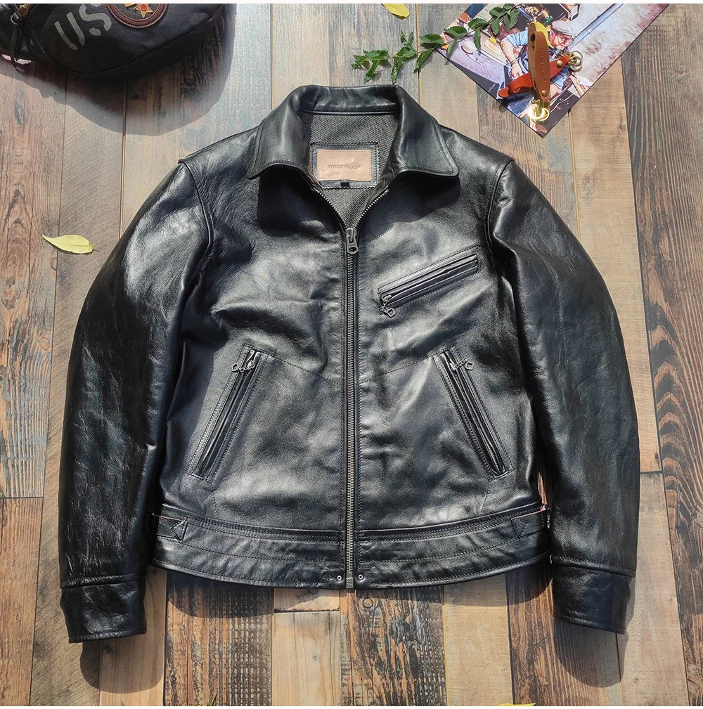 

oil Free shipping.천연가죽 Luxury tea core horsehide jacket.Rider Vintage slim natural genuine leather coat.Men Brand leather cloth