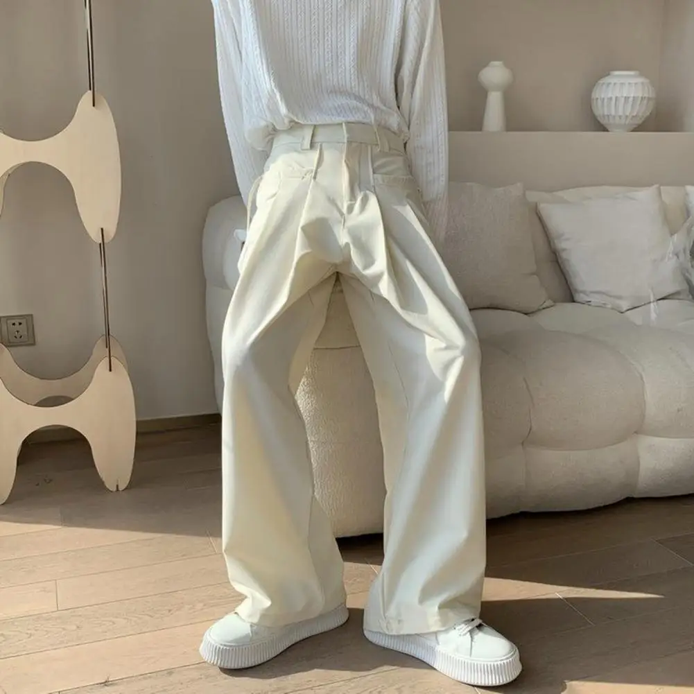 Men Wide-leg Pants Oversized Wide Leg Men's Ice Silk Pants with Crotch Pockets Zippered Ropes English Style for Streetwear