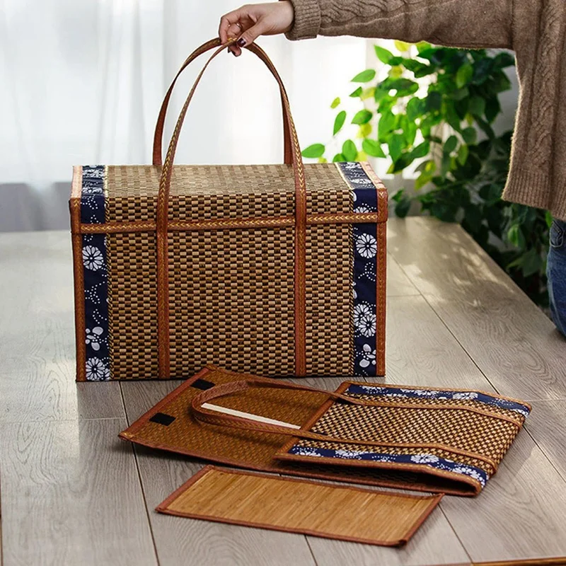 Picnic Woven Basket Wicker Storage Bag Handle Rattan Grass Foldable Bamboo Basket