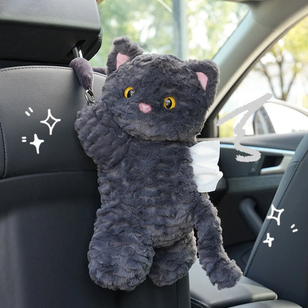 2026 NEW 1 piece of car tissue box cartoon cat plush doll hanging pumping box cute car seat back tissue hanging bag.