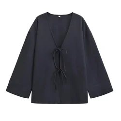 PB&ZA2024 Autumn New Product Women's Fashion  Texture  Kimono  Style  Long  Sleeve V-neck Shirt Coat