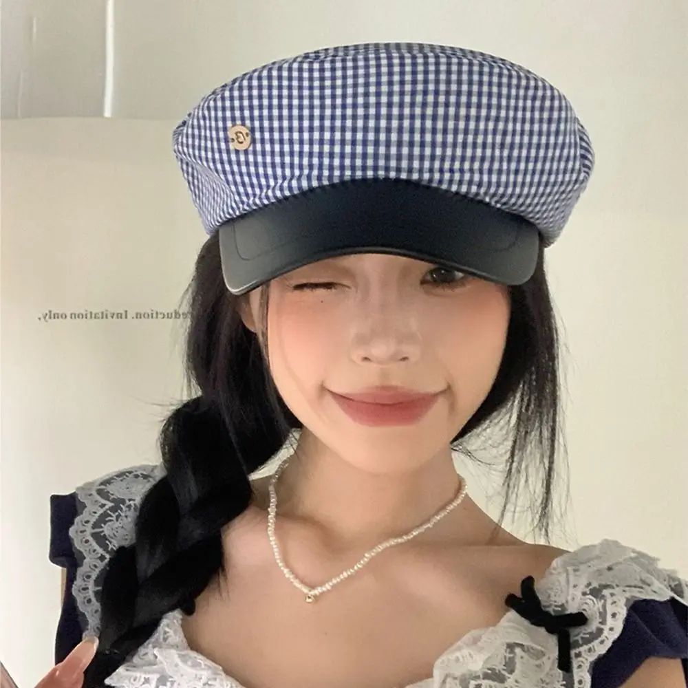 

New Blue Plaid Beret Flat Top Designer Sailor Hat JK Korean Navy Cap Outdoor