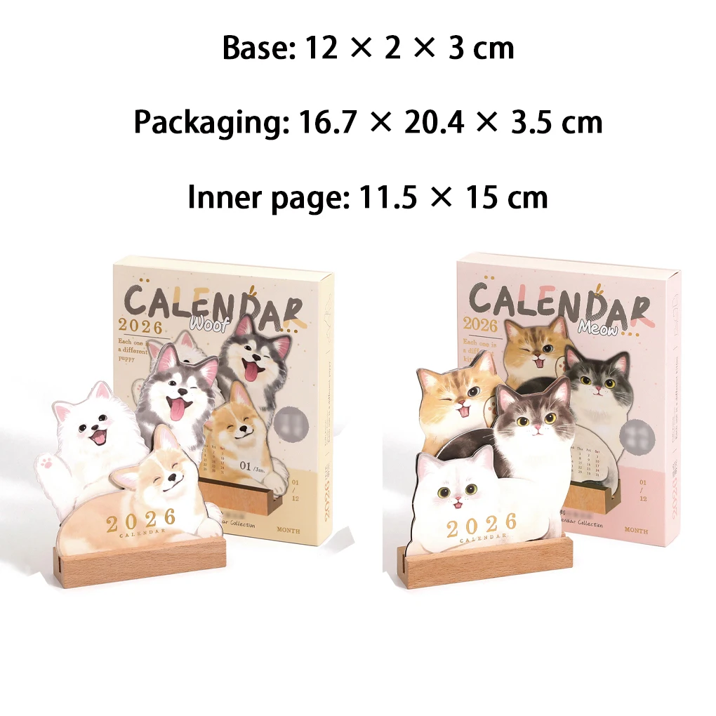 Calendrier de l'année 2026 avec la série chat et chien mignon, Structure de Support de Base robuste, calendrier de bureau de la série chat chien mignon