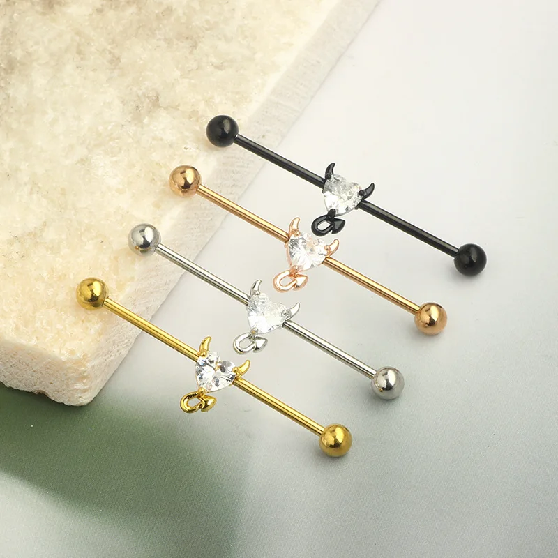 1Pcs Horn earrings stud heart zircon stainless steel long rod ear rod piercing ear