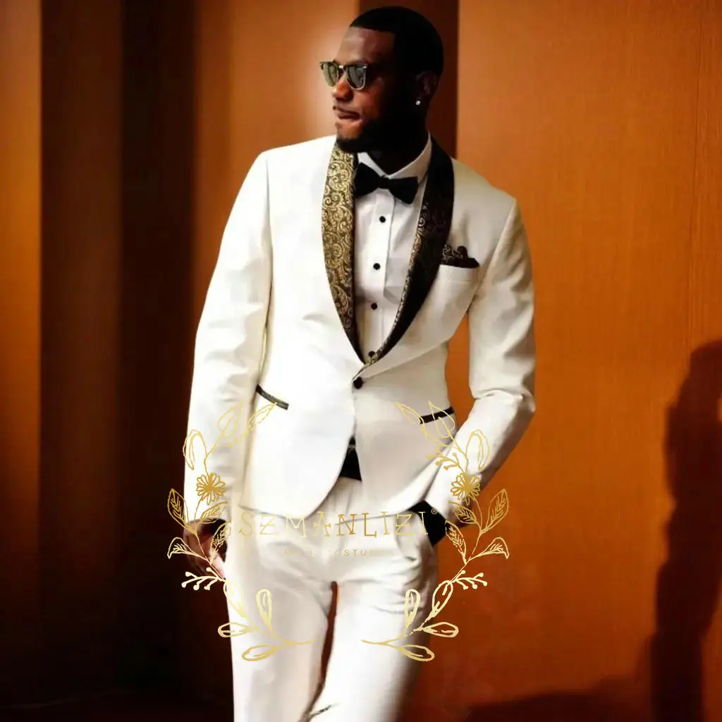 Royal Blue Men Suits Slim Fit 2 Piece Gold Floral Lapel Suit Men Wedding Prom Party Business (Blazer+Pants) Suits for Men