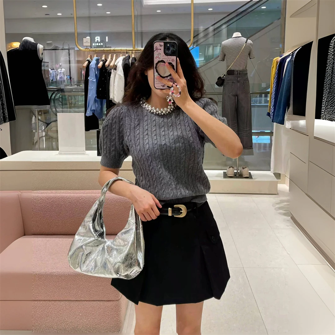 

High-Rise Pearl Decorated ort Knit Sweater ey Twisted Knitted Top Commute Sle Bubble Sve round Ne ort Length