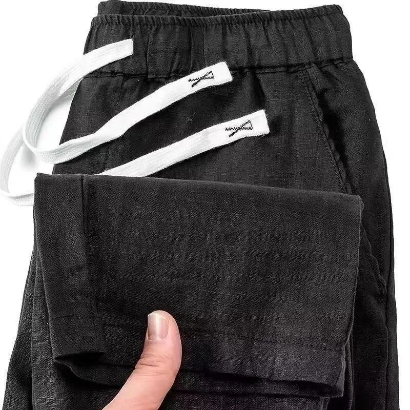 

Linen Breathable Elastic Waist Cotton Linen Men's Summer Thin Straight Leg Casual Pants Loose Fit Straight Cut High Elastici