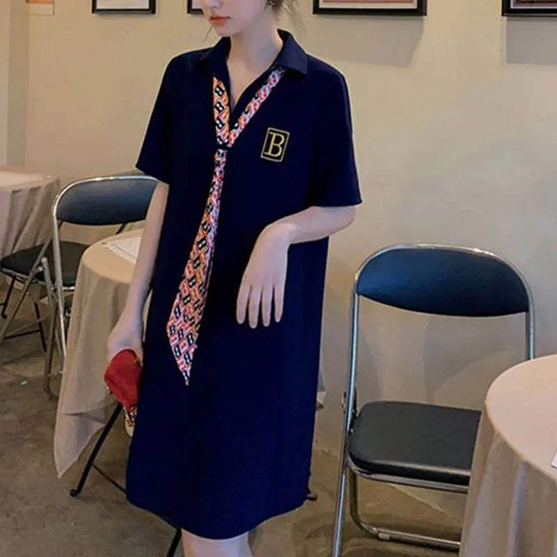 Preppy Style Turn-down Collar Midi Dress Female Clothing Short Sleeve Commute 2024 Summer Letter All-match A-Line Loose Dresses