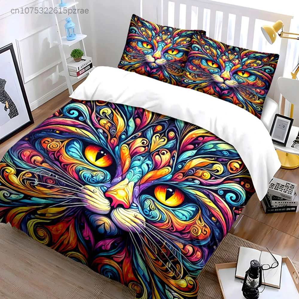 Colorful Cat Art Decor Set Multiple Sizes kid's And adults' Bedroom Exquisite 3PC Bedding set, Gift