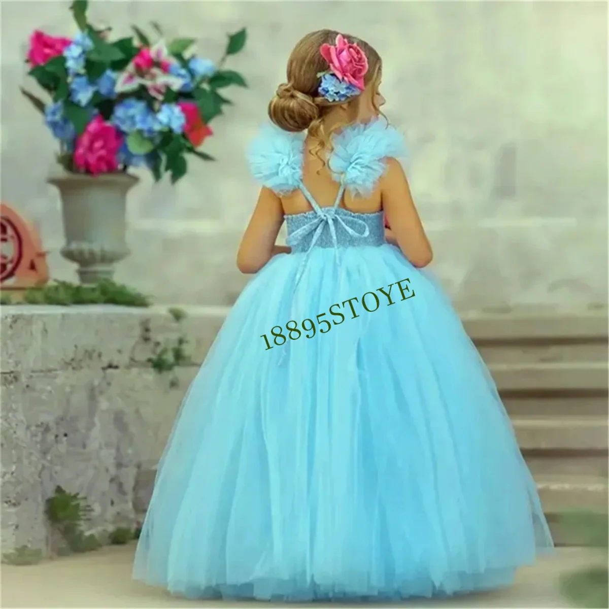 CustomizedFlower Girl Dress Lovely Blue Sleeveless Gauze Lace Back Princess Ball First Communion Dresses Kids Surprise Birthday