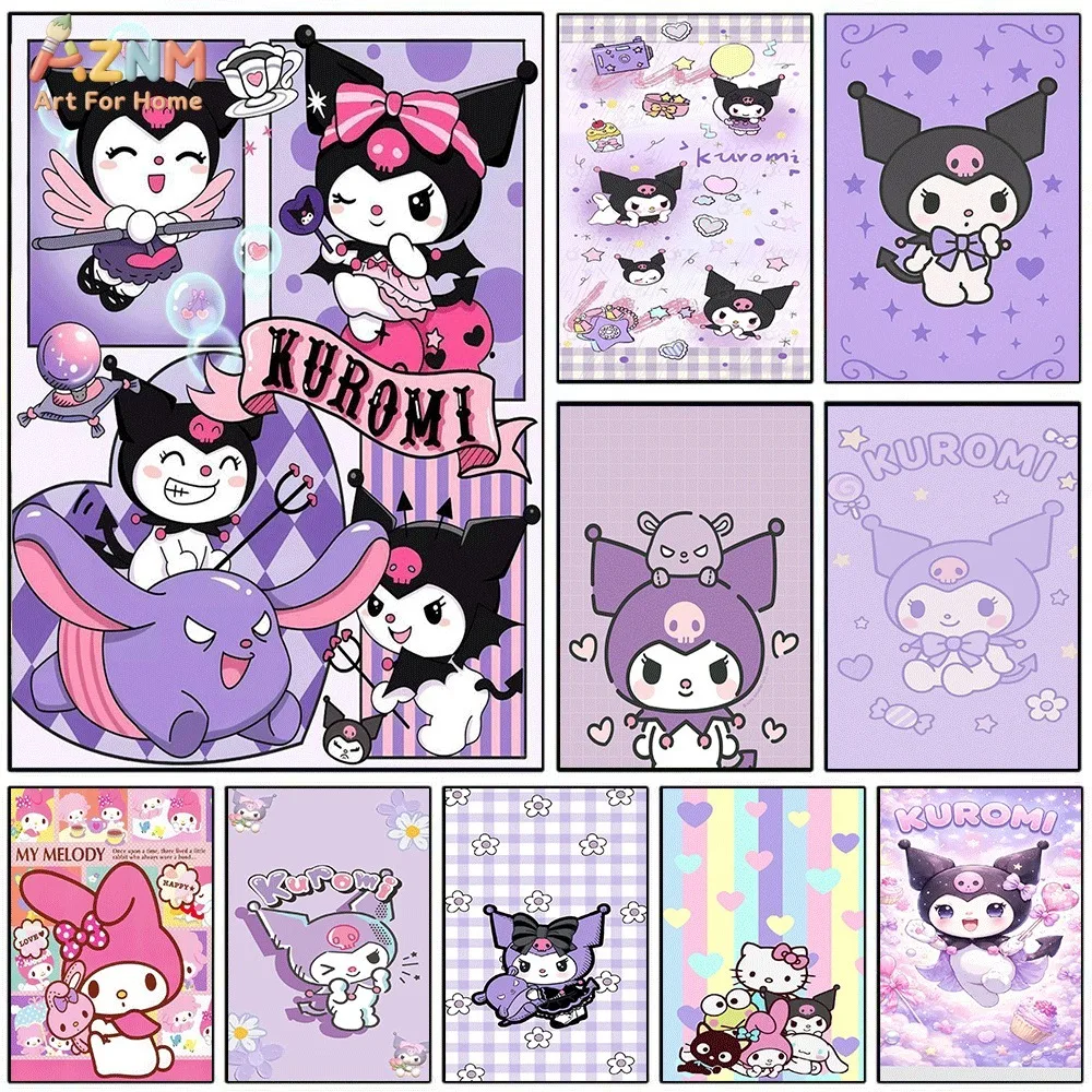AZNM Kuromi Canvas Wall Art Cute Purple Diamond Lattice Cartoon Poster Print Kawaii Girls Bedroom Decor Unframed Canvas Painting