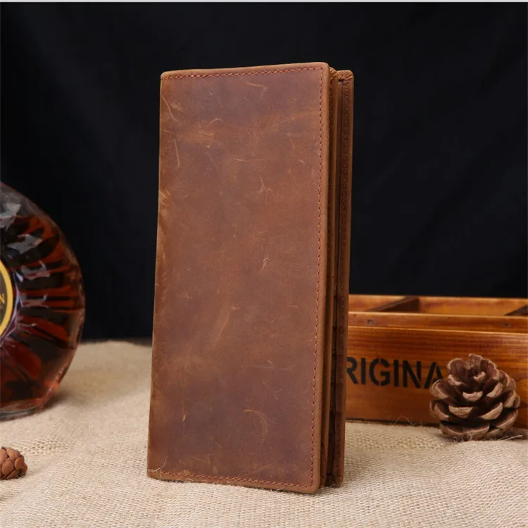 Crazy Horse leather long wallet, men's leather card holder, multi-functional large-capacity wallet