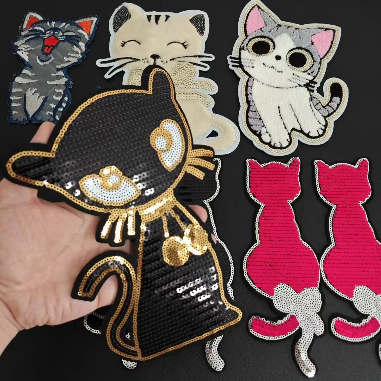 Large Cat Sew on Patches For Clothing Sequins Plush Lace Biker Badge Patch Sequined Women Clothes Stickers Strange things