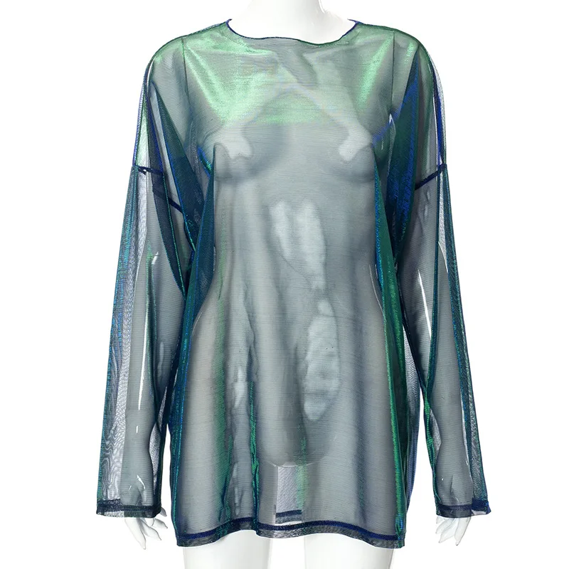 Solid See Through Tshirt Women Sexy Tops O-Neck Long Sleeve T Shirt For Women Clothing Club Y2k Aesthetic Egirl Tees
