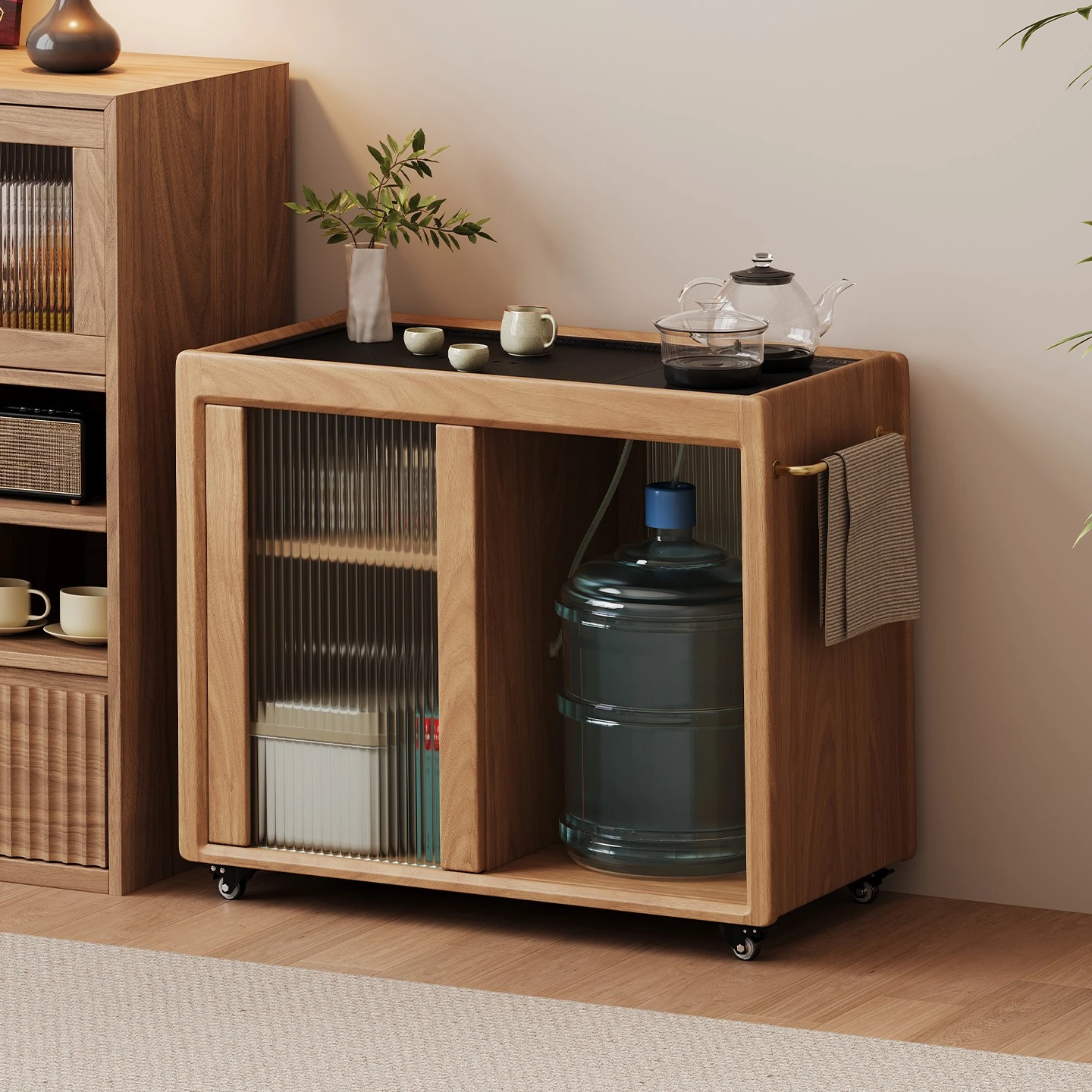 Movable balcony coffee table small 2026 new solid wood tea cabinet tea integrated side table sofa side cabinet