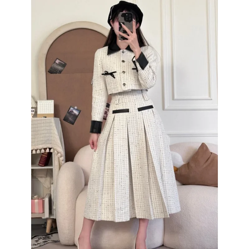 New Autumn Checkered Two-piece Set with Vintage and Elegant Women\'s Jacket+pleated High Waisted A-line Midi Skirt Set