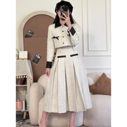 New Autumn Checkered Two-piece Set with Vintage and Elegant Women's Jacket+pleated High Waisted A-line Midi Skirt Set