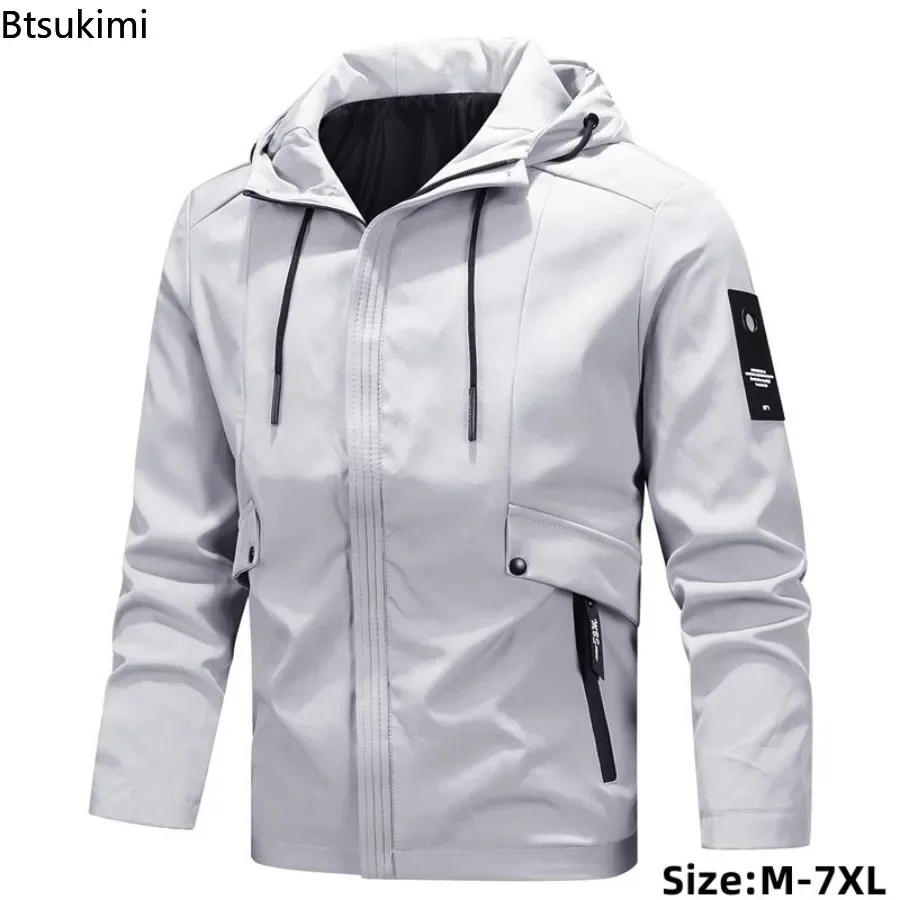 2025 Spring Autumn Men's Hooded Pocket Jackets Outdoor Sports Casual Waterproof Coats Men Hiking Camping Windbreaker Jackets 7XL