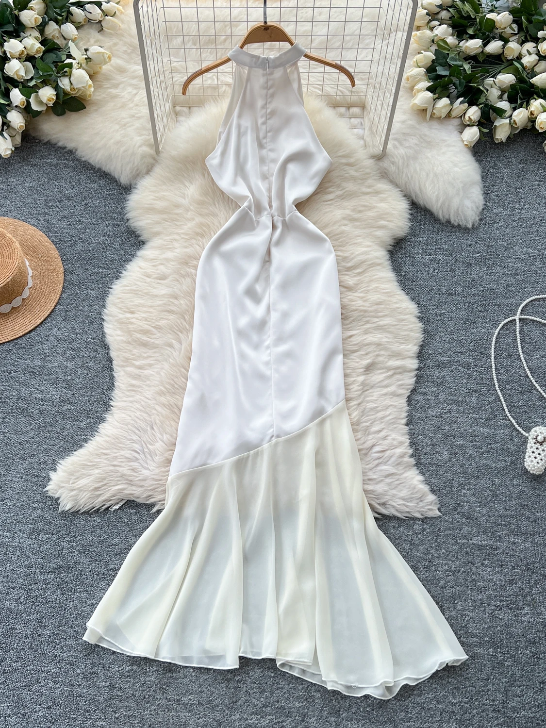 فستان صيفي أنيق بدون أكمام بياقة معلقة للنساء، تنورة طويلة بخصر مرتفع من الساتان بتصميم ذيل السمكة، فستان ميدي على الطراز الك... #5