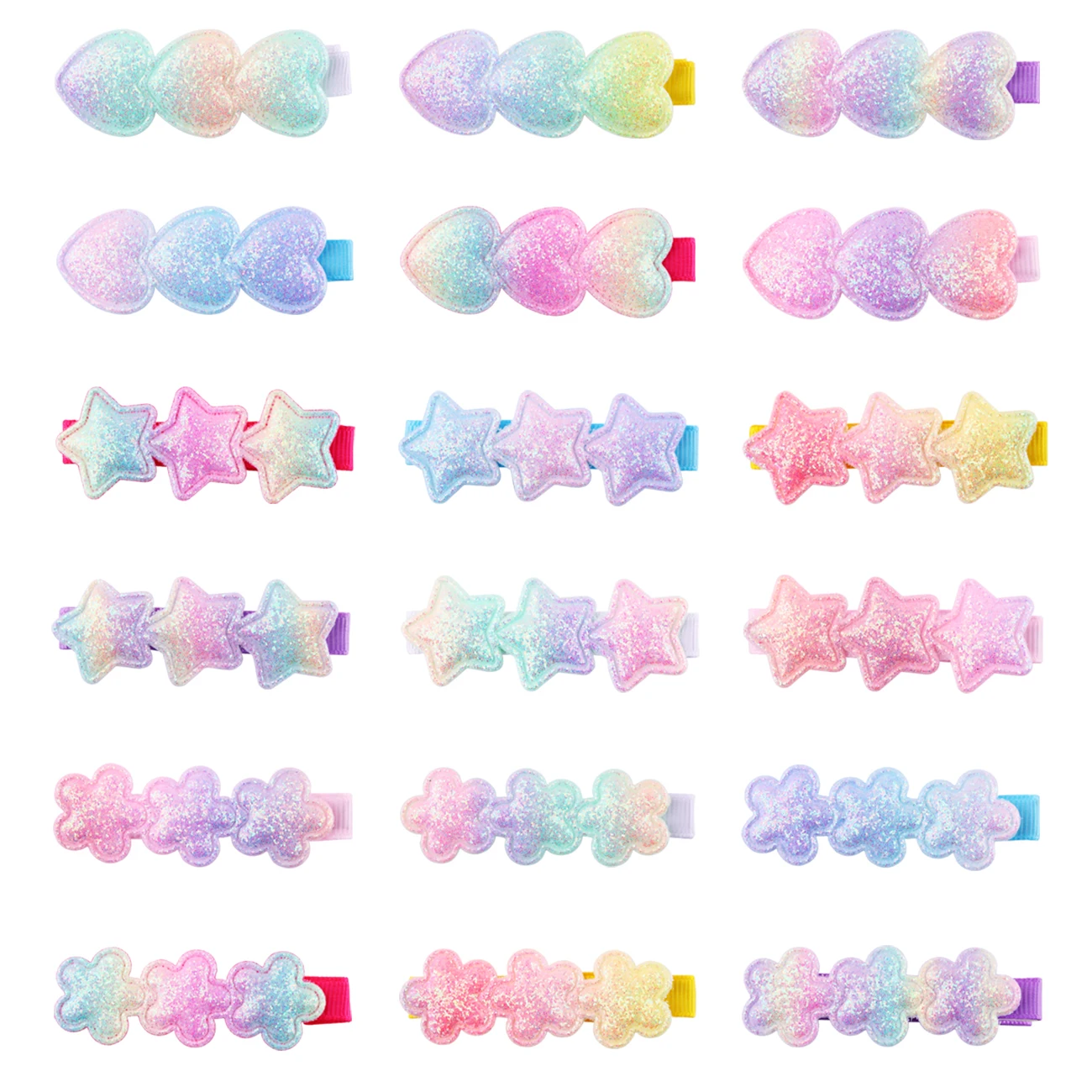 18pcs Glitter Sparkle Hair Clips for Girls Star Heart Flower Sequins Heart Clips Rainbow Ponytail Hair Accessories